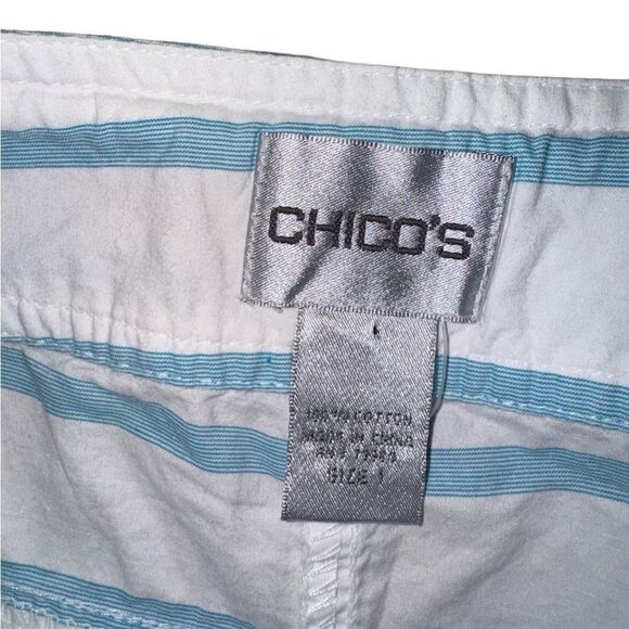 Chico's Cropped Roll Up Capri 100% Cotton- Striped White + Blue - Size 1 (8/M) - Picture 9 of 11